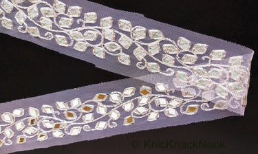 White Net Fabric Lace Trim With Silver Embroidery And Mirror Embellishments, Wedding Trims, Indian - 210119L458